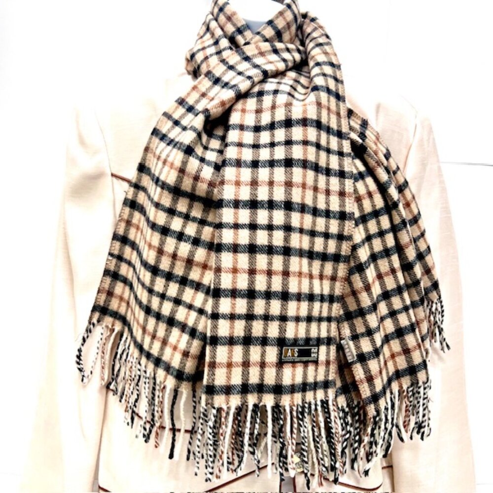 Unused DAKS of London Men Scarf 100% Wool Gray beige yellow check 56"x27" (6
